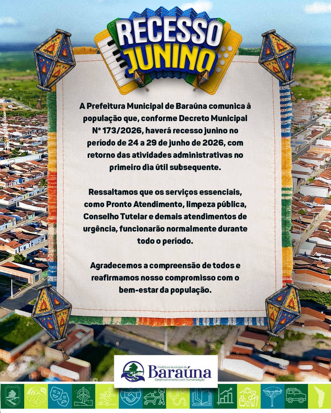 Prefeitura divulga comunicado sobre recesso junino e manutenção dos serviços essenciais